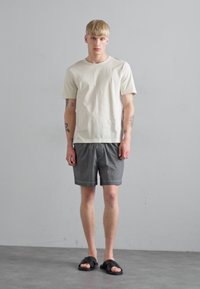 Tricou deschis la culoare, pantaloni scurți gri și sandale negre. Materialul pare neted, pantalonii scurți au talie elastică, iar designul este simplu și modern.