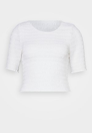 Witte, kortemouwen top met een gestructureerd, gerimpeld ontwerp. Beschikt over een ronde halslijn en een aansluitende pasvorm, gemaakt van lichtgewicht stof.