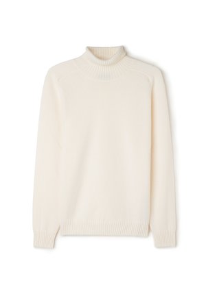 Pullover a collo alto in crema realizzato in morbido tessuto a maglia. Presenta un colletto e polsini a costine, con una vestibilità rilassata e una silhouette dritta.