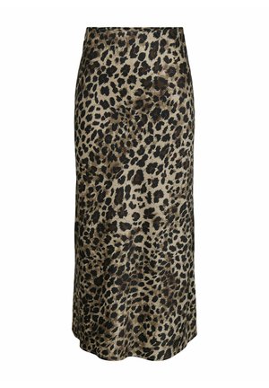 Leopardenmuster-Midirock aus einem seidigen Material. Hat eine glatte Textur, einen neutralen beigen Hintergrund mit tiefbraunen und schwarzen Flecken.