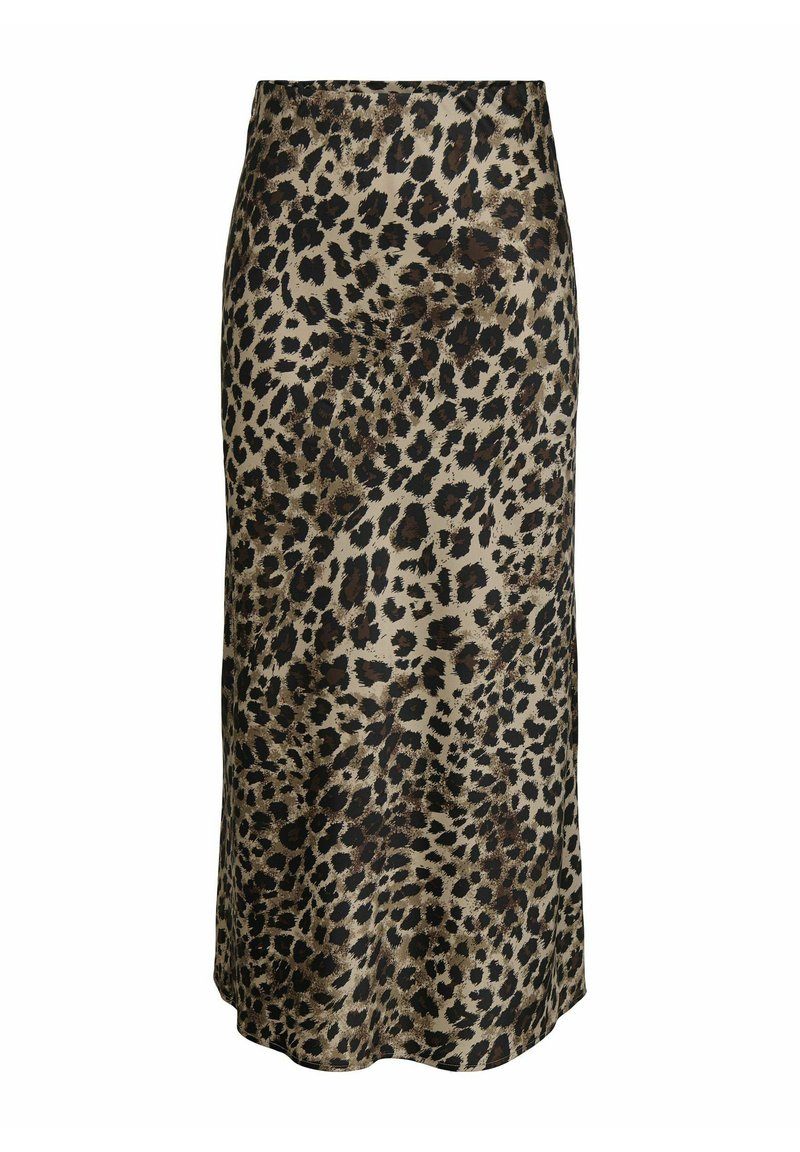 Jupe midi à imprimé léopard en tissu soyeux. Présente une texture lisse, un fond beige neutre avec des taches brunes profondes et noires.