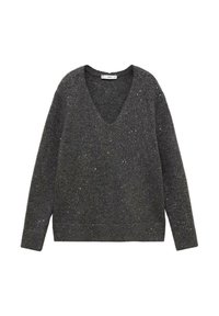 Pull en maille gris foncé à manches longues et col en V, présentant de petits détails blancs mouchetés sur tout le tissu.