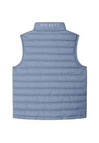 Gilet matelassé bleu clair avec un design cousu, doté d'un col haut et du logo "Hackett London" en blanc à l'arrière.