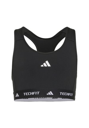 Sujetador deportivo negro Adidas Techfit con diseño de espalda cruzada, logo en el frente y banda elástica.