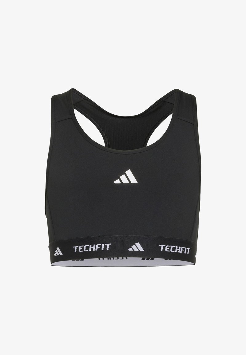 Μαύρο αθλητικό σουτιέν Adidas Techfit με σχέδιο racerback, λογότυπο μπροστά και ελαστική ταινία.