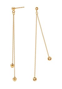 Złote kolczyki w kształcie kropli z wydłużonymi łańcuszkami i trzema kulistymi akcentami. Projekt ma polerowane wykończenie i gładką fakturę.