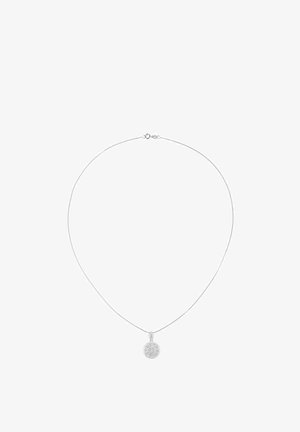 Hõbedane kaelakee õhukese kettaga ja ümmarguse ripatsiga, millel on tekstuurse ja peegeldava pinnaga detail. Turvaline kinnitus.