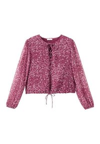 Bordeauxrote Paisley-Bluse, lange Puffärmel, Kordelzugsaum und runder Ausschnitt. Leichter Stoff mit aufwendigen Blumenmustern durchgehend.