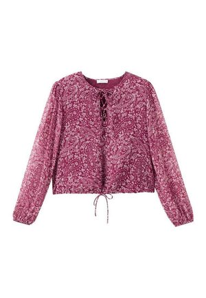 Bordeauxrote Paisley-Bluse, lange Puffärmel, Kordelzugsaum und runder Ausschnitt. Leichter Stoff mit aufwendigen Blumenmustern durchgehend.