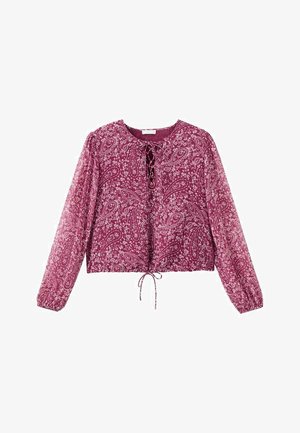 Bordeauxrote Paisley-Bluse, lange Puffärmel, Kordelzugsaum und runder Ausschnitt. Leichter Stoff mit aufwendigen Blumenmustern durchgehend.