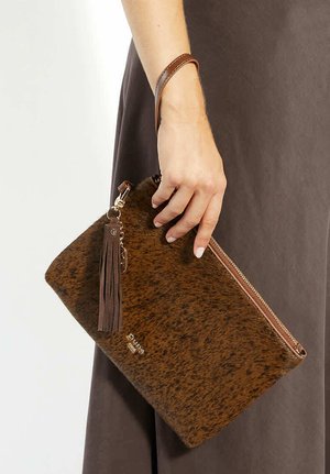 Brown animal print clutch with a textured exterior, gold hardware, and a tassel. Features a zipper closure and a wrist strap for easy carry.