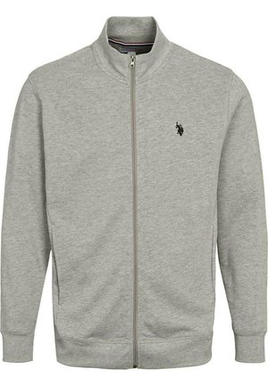 Lichtgrijze zip-up sweatshirt met hoge kraag en klein zwart geborduurd logo van een polo speler op de linkerborst.