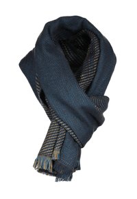 Écharpe bleu marine en tissu doux, avec un motif texturé en pied-de-poule aux accents bleu clair et jaune, ornée de franges aux extrémités.