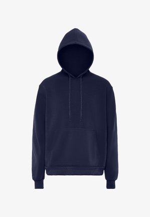 Felpa con cappuccio blu navy realizzata in tessuto misto cotone, dotata di tasca frontale a marsupio, cordini regolabili e polsini a costine.