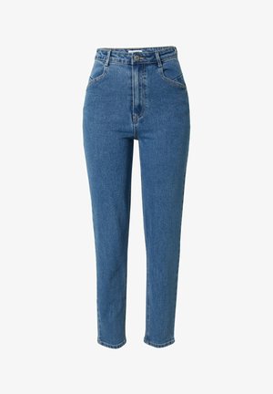 Hoge taille blauwe denim jeans met een slim fit, voorzien van twee voorkeurszakken, een knoopsluiting en zichtbare stiksels langs de naden.