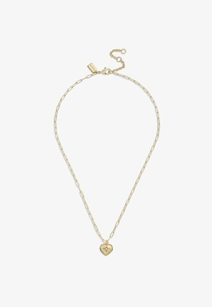 Collar de color dorado que presenta una cadena de eslabones alargados y un colgante en forma de corazón con un grabado de estrella. Cierre ajustable en la parte posterior.