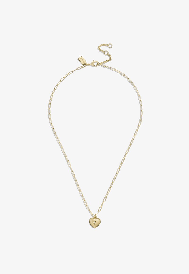 Guldfarvet halskæde med en forlænget kædelink og en hjerteformet vedhæng med en stjernegraveret. Justerbar lås bagpå.