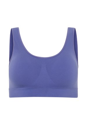 Lila Sport-BH mit einer glatten Textur, breiten Trägern und einem verstärkten Unterband. Er hat einen abgerundeten Ausschnitt und minimale Nähte.