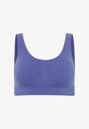 Lila sport-bh med en slät yta, breda axelremmar och en förstärkt nederdel. Den har en rundad halsringning och minimala sömmar.