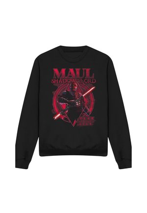 Schwarzer Sweatshirt mit rotem Motiv von Maul, der ein doppelklingiges rotes Lichtschwert hält, Text "Maul Shadow Lord" und "Furcht ist mein Verbündeter."