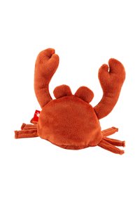Plush crab toy, made of soft orange fabric. Features two large claws, round body, and multiple small legs. Tag attached.