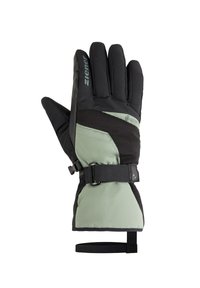 Gants de ski imperméables avec une coque extérieure noire, des accents verts et une prise en main texturée. Dotés d'une sangle ajustable et d'une isolation pour la chaleur.