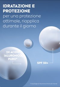 Sfere bianche lucide su uno sfondo azzurro, con testo che parla di idratazione, protezione, acido ialuronico e SPF 50+.