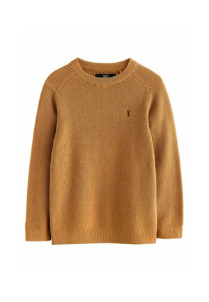Maglione lavorato a maglia giallo senape, collo rotondo, maniche lunghe a raglan, polsini e orlo in costina, con un piccolo logo sul petto.