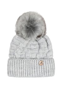 Heled halli kudumine müts, millel on nöörmustrit ja mille peal on suur karvane pom-pom ning ribagümnas, millel on ümmargune bränditag.