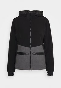 Czarna i szara kurtka z zamkiem z przodu, kapturem, kontrastującymi panelami materiału oraz dwoma zamykanymi kieszeniami z przodu na dole. Gładka tekstura.