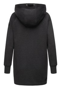 Felpa con cappuccio grigio scuro, dalla vestibilità lunga e rilassata, con polsini a coste e una toppa con logo sul lato inferiore; realizzata in tessuto morbido.