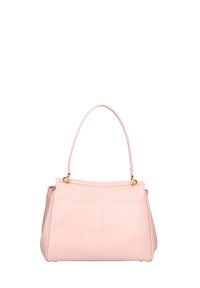 Borsa a tracolla in pelle rosa con forma strutturata, manico superiore singolo e accenti in metallo dorato. Texture liscia con design minimalista.