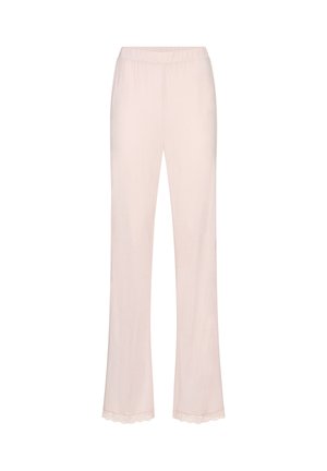 Pantalon de détente en tissu doux rose clair avec taille élastique et bordure en dentelle aux ourlets droits des chevilles.
