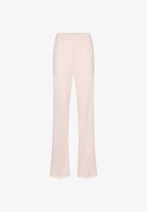 Lichtroze zachte stof loungebroek met elastische tailleband en kanten afwerking bij de rechte zoom van de enkels.
