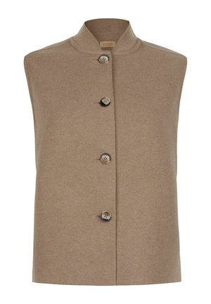 Beige ärmellose Strickweste mit Stehkragen und vier großen Knöpfen vorne, minimalistisches Design.