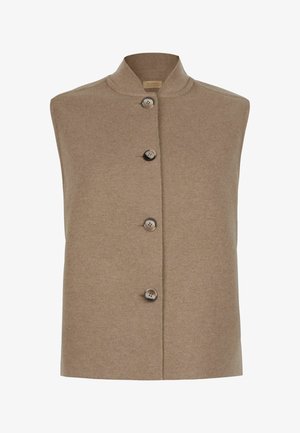 Beige ärmellose Strickweste mit Stehkragen und vier großen Knöpfen vorne, minimalistisches Design.