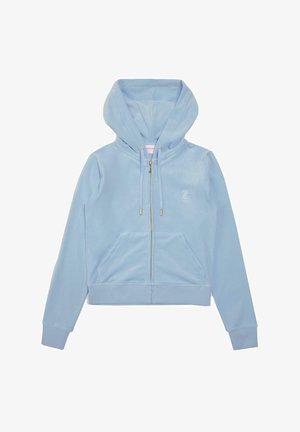Himmelblaues Zip-Hoodie aus weichem Material, mit Kapuze mit Kordelzug, Vordertaschen und einem gestickten Logo auf der Brust.