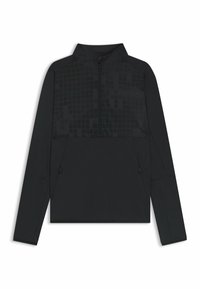 Pullover atletico nero con collo a mezza zip, pannello pettorale testurizzato e tasche laterali con zip. Realizzato in materiale leggero e elasticizzato.