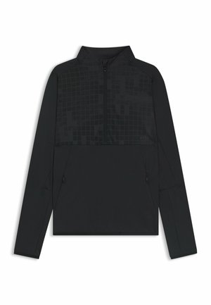 Pullover atletico nero con collo a mezza zip, pannello pettorale testurizzato e tasche laterali con zip. Realizzato in materiale leggero e elasticizzato.