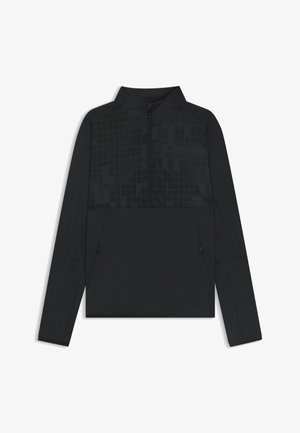 Black athletic pullover featuring a half-zip neck, textured chest panel, and zippered side pockets. Made from lightweight, stretchy material.