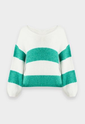 Pleteni kratki džemper s širokim V-izrezom, s uzorkom zeleno-bijelih pruga, rukavima na balon i mekanom, teksturiranom završnicom.