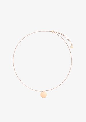 Collana in oro rosa delicata con un piccolo pendente circolare. Presenta una chiusura e una catena di estensione regolabile per lunghezze variabili.