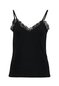 Camisole noire avec un décolleté en V, ornée de délicates garnitures en dentelle noire le long de l'encolure et de bretelles spaghetti réglables. Texture de tissu douce.