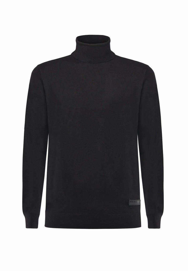 Maglione a collo alto nero con maniche lunghe e polsini e colletto a costine, dotato di un piccolo etichetta quadrata del marchio vicino all'orlo inferiore sul lato destro.