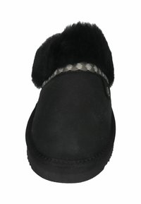 Black slipper with a soft fur cuff, smooth exterior, round toe shape, and contrasting check pattern trim along the cuff edge.