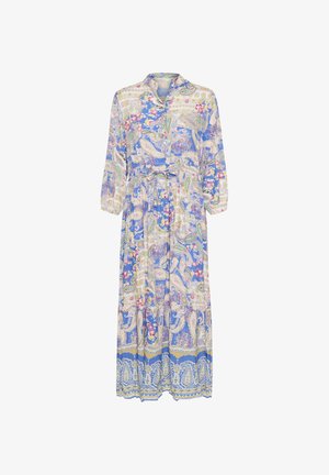 Langes, blaues Blumenkleid mit Paisleymuster, Knopfleiste und Dreiviertelärmeln. Der Stoff hat eine weiche Textur und eine taillierte Taille.