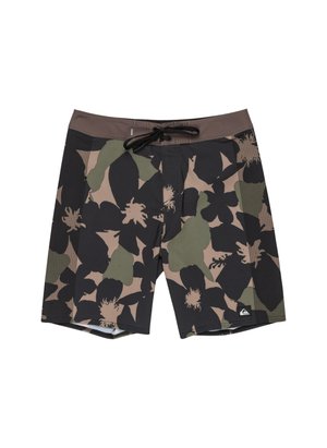 Schwarze, olivgrüne und beige, mit Blumenmuster versehene Boardshorts mit einem einfarbigen Bund und Kordelzug. Enthält ein kleines Logo am unteren Saum.