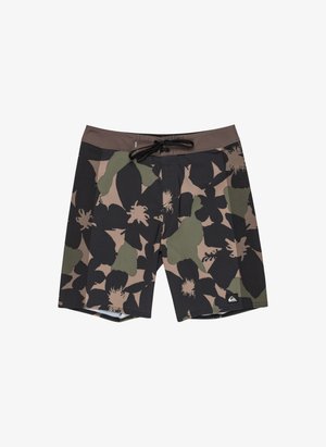 Zwarte, olijfkleurige en beige boardshorts met bloemenpatroon, voorzien van een effen tailleband en trekkoord. Heeft een klein logo op de onderste zoom.