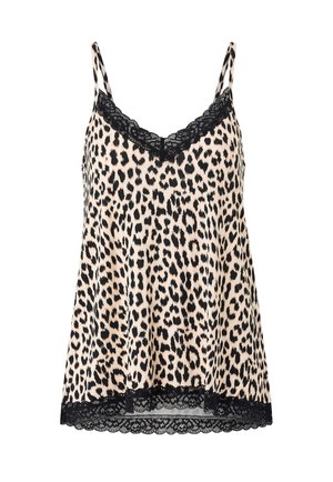 Ärmeløs camisole med leopardprint og sort blondekant langs halsudskæringen og kanten, tynde justerbare skulderstropper, blødt stof.