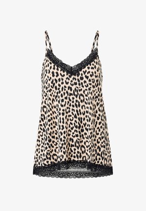 Ärmeløs camisole med leopardprint og sort blondekant langs halsudskæringen og kanten, tynde justerbare skulderstropper, blødt stof.